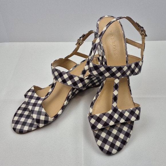 Talbots Royce T Strap Gingham Wedge Sandals Leather Women's Size 9 Black White - Picture 1 of 11